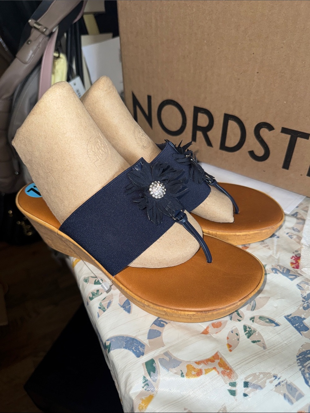 Italian Shoemakers Navy Slide Sandals with Tan Footbed Romero Wedge  Brand NEW